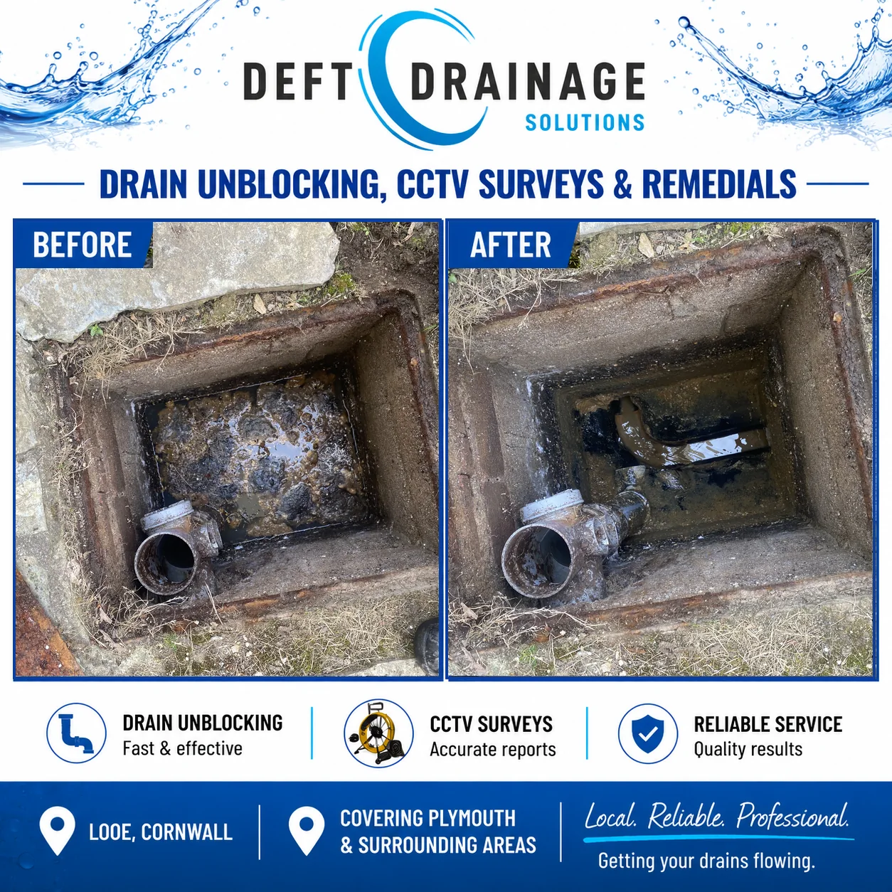 Before and after photographs of a cleared drainage inspection chamber blockage