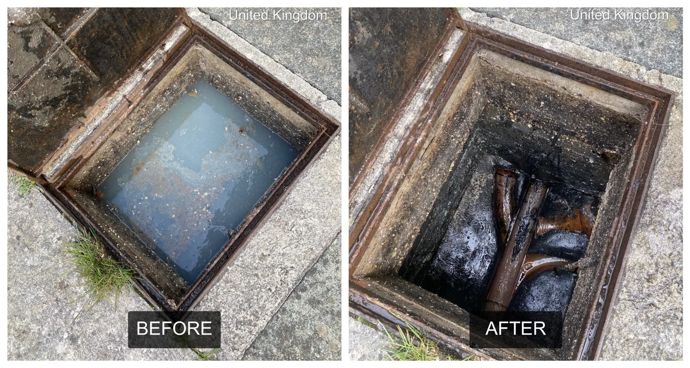 Before and after: external drain blockage cleared
